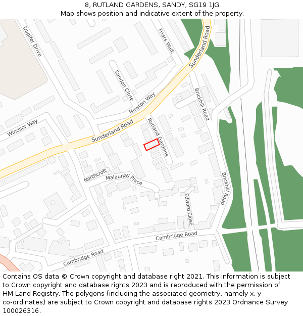 8, RUTLAND GARDENS, SANDY, SG19 1JG: Location map and indicative extent of plot