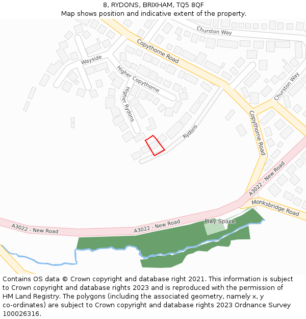 8, RYDONS, BRIXHAM, TQ5 8QF: Location map and indicative extent of plot