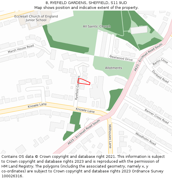8, RYEFIELD GARDENS, SHEFFIELD, S11 9UD: Location map and indicative extent of plot