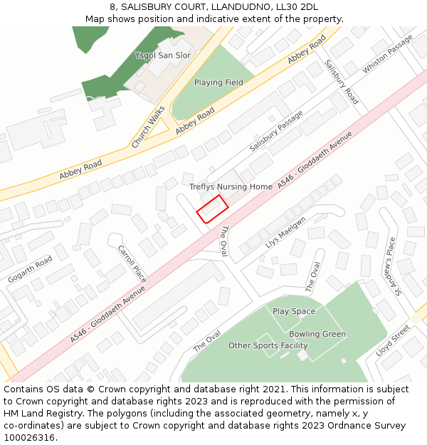 8, SALISBURY COURT, LLANDUDNO, LL30 2DL: Location map and indicative extent of plot