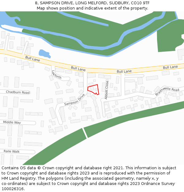 8, SAMPSON DRIVE, LONG MELFORD, SUDBURY, CO10 9TF: Location map and indicative extent of plot