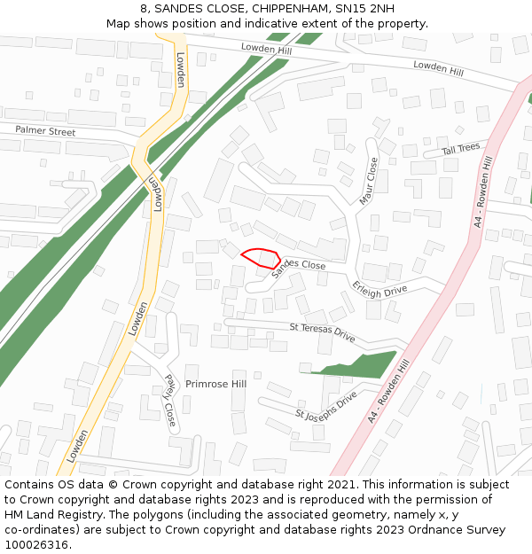 8, SANDES CLOSE, CHIPPENHAM, SN15 2NH: Location map and indicative extent of plot