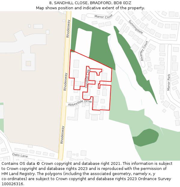 8, SANDHILL CLOSE, BRADFORD, BD8 0DZ: Location map and indicative extent of plot