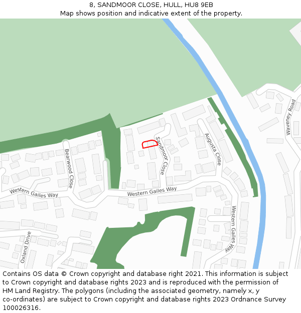 8, SANDMOOR CLOSE, HULL, HU8 9EB: Location map and indicative extent of plot