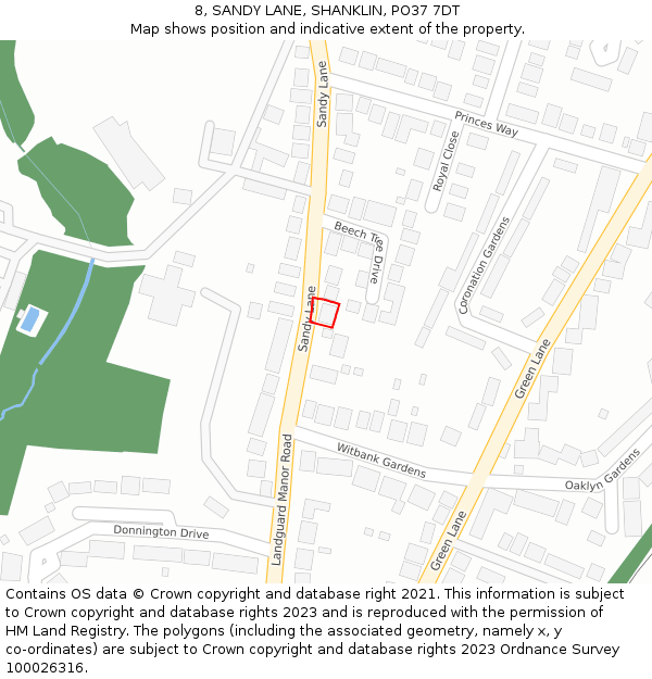 8, SANDY LANE, SHANKLIN, PO37 7DT: Location map and indicative extent of plot