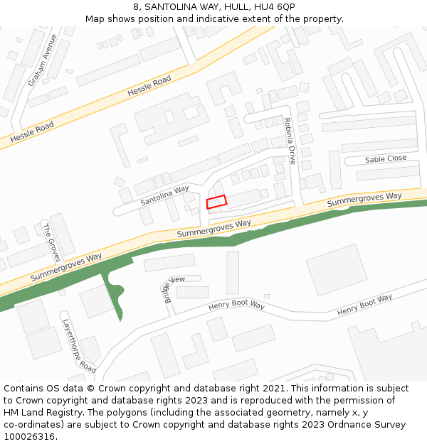 8, SANTOLINA WAY, HULL, HU4 6QP: Location map and indicative extent of plot