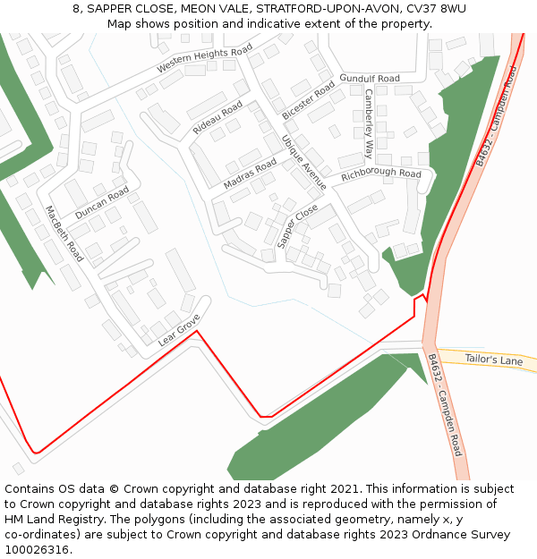 8, SAPPER CLOSE, MEON VALE, STRATFORD-UPON-AVON, CV37 8WU: Location map and indicative extent of plot