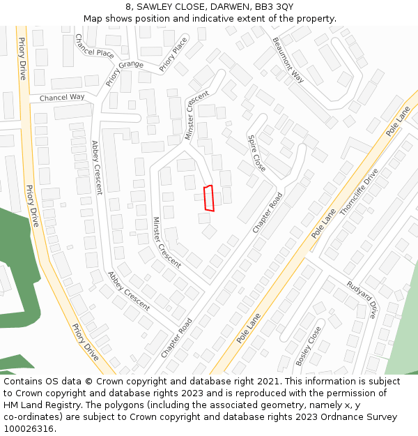 8, SAWLEY CLOSE, DARWEN, BB3 3QY: Location map and indicative extent of plot