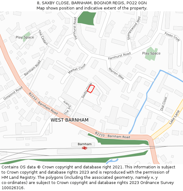 8, SAXBY CLOSE, BARNHAM, BOGNOR REGIS, PO22 0GN: Location map and indicative extent of plot