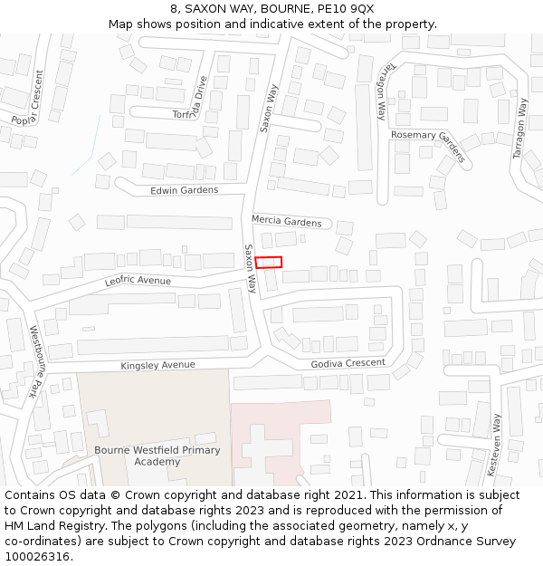 8, SAXON WAY, BOURNE, PE10 9QX: Location map and indicative extent of plot