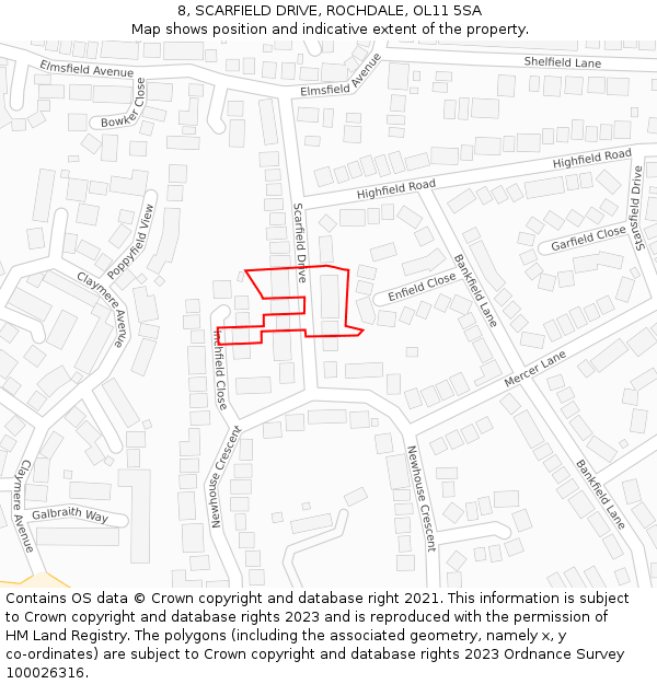 8, SCARFIELD DRIVE, ROCHDALE, OL11 5SA: Location map and indicative extent of plot