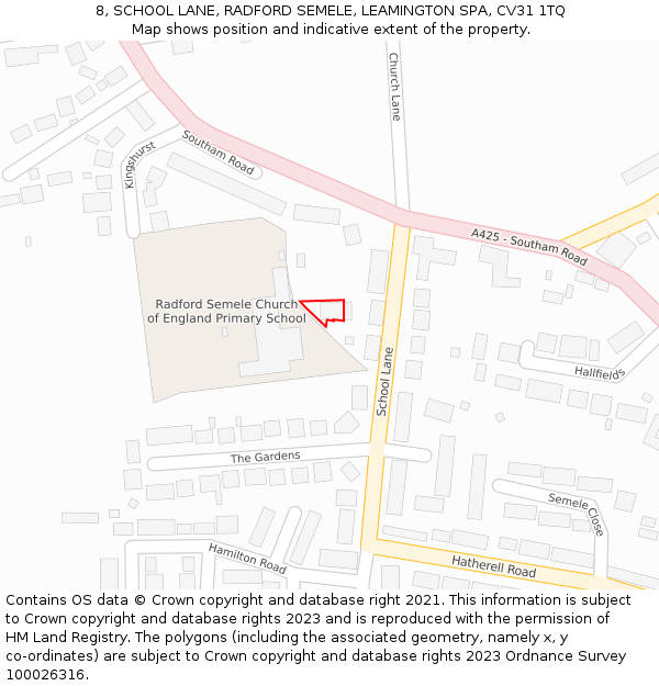 8, SCHOOL LANE, RADFORD SEMELE, LEAMINGTON SPA, CV31 1TQ: Location map and indicative extent of plot