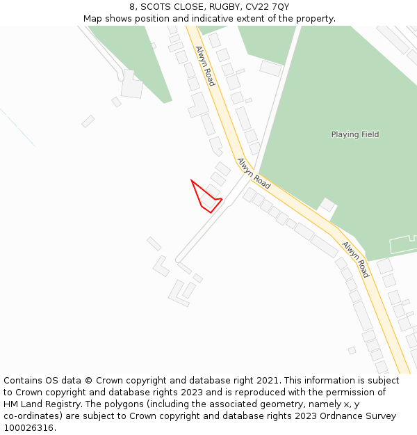 8, SCOTS CLOSE, RUGBY, CV22 7QY: Location map and indicative extent of plot