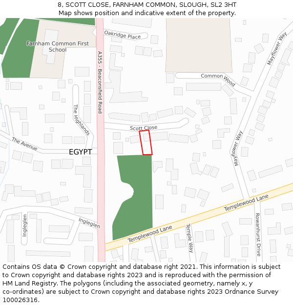 8, SCOTT CLOSE, FARNHAM COMMON, SLOUGH, SL2 3HT: Location map and indicative extent of plot