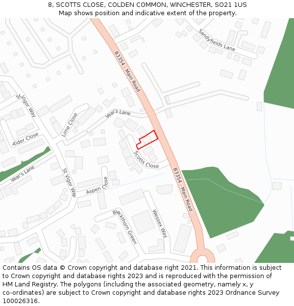 8, SCOTTS CLOSE, COLDEN COMMON, WINCHESTER, SO21 1US: Location map and indicative extent of plot