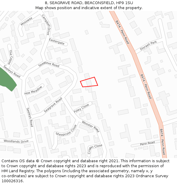 8, SEAGRAVE ROAD, BEACONSFIELD, HP9 1SU: Location map and indicative extent of plot