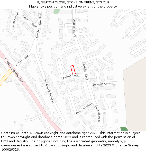8, SEATON CLOSE, STOKE-ON-TRENT, ST3 7UP: Location map and indicative extent of plot