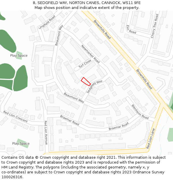 8, SEDGFIELD WAY, NORTON CANES, CANNOCK, WS11 9FE: Location map and indicative extent of plot