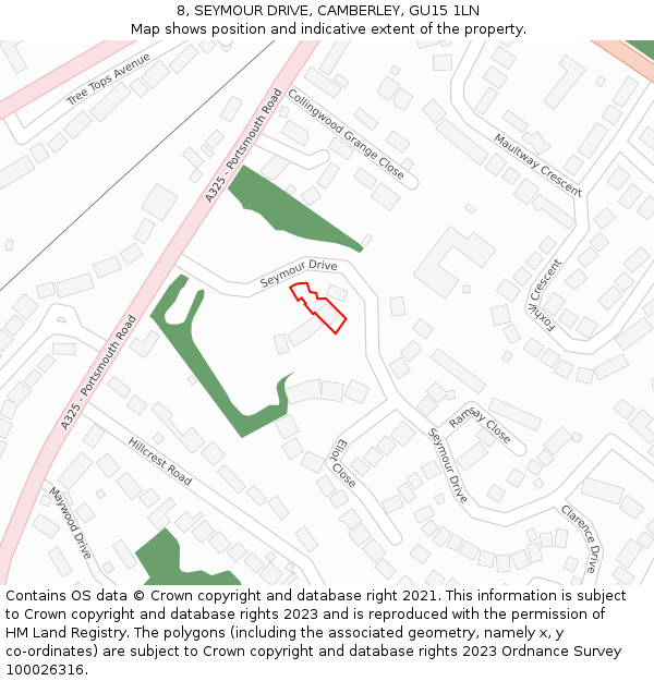 8, SEYMOUR DRIVE, CAMBERLEY, GU15 1LN: Location map and indicative extent of plot