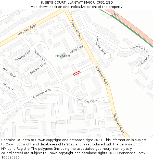 8, SEYS COURT, LLANTWIT MAJOR, CF61 2GD: Location map and indicative extent of plot