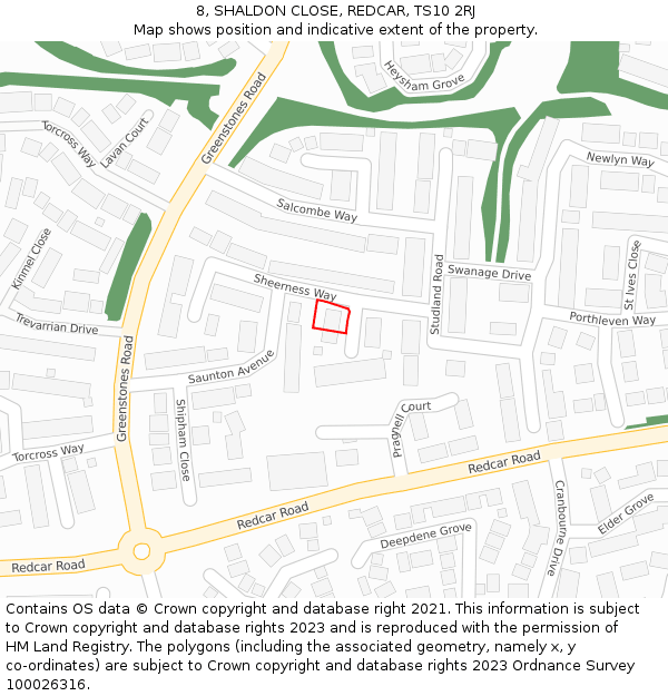 8, SHALDON CLOSE, REDCAR, TS10 2RJ: Location map and indicative extent of plot