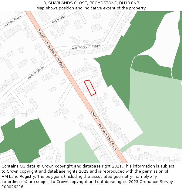 8, SHARLANDS CLOSE, BROADSTONE, BH18 8NB: Location map and indicative extent of plot