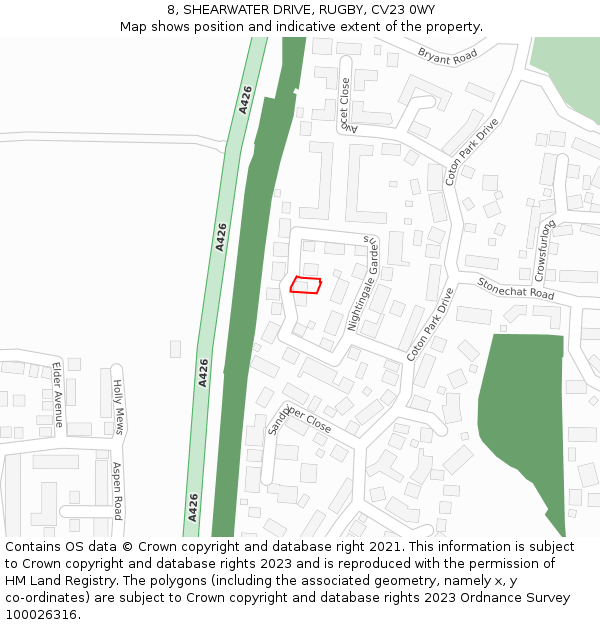 8, SHEARWATER DRIVE, RUGBY, CV23 0WY: Location map and indicative extent of plot