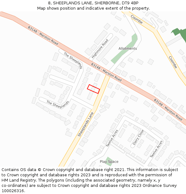 8, SHEEPLANDS LANE, SHERBORNE, DT9 4BP: Location map and indicative extent of plot