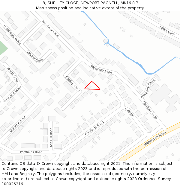 8, SHELLEY CLOSE, NEWPORT PAGNELL, MK16 8JB: Location map and indicative extent of plot