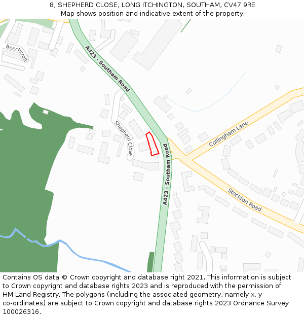 8, SHEPHERD CLOSE, LONG ITCHINGTON, SOUTHAM, CV47 9RE: Location map and indicative extent of plot