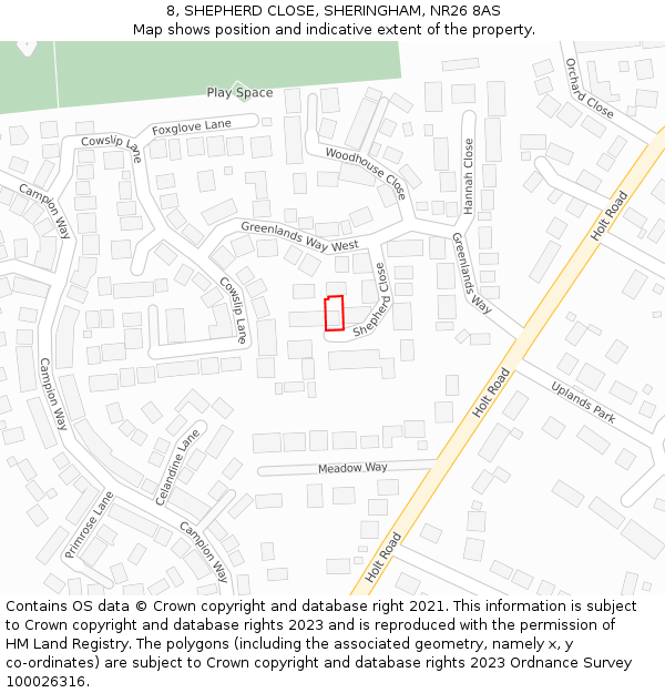 8, SHEPHERD CLOSE, SHERINGHAM, NR26 8AS: Location map and indicative extent of plot