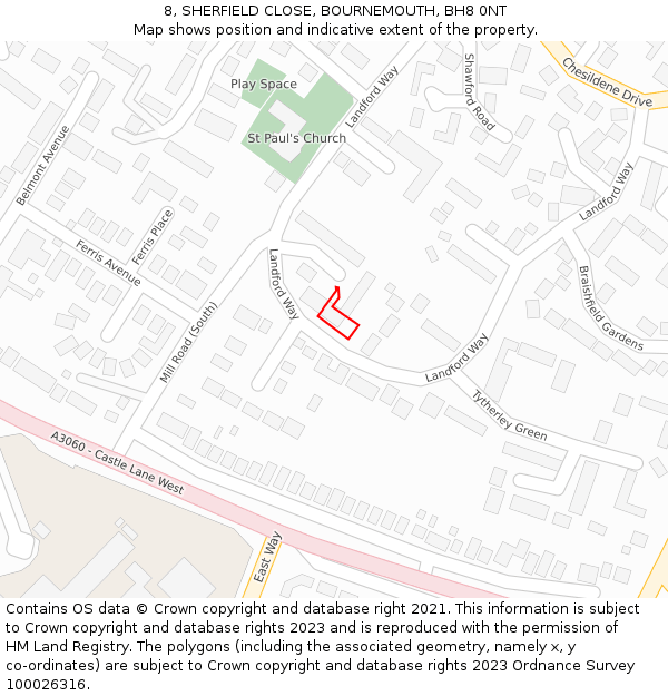 8, SHERFIELD CLOSE, BOURNEMOUTH, BH8 0NT: Location map and indicative extent of plot