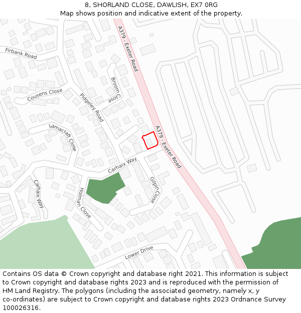 8, SHORLAND CLOSE, DAWLISH, EX7 0RG: Location map and indicative extent of plot