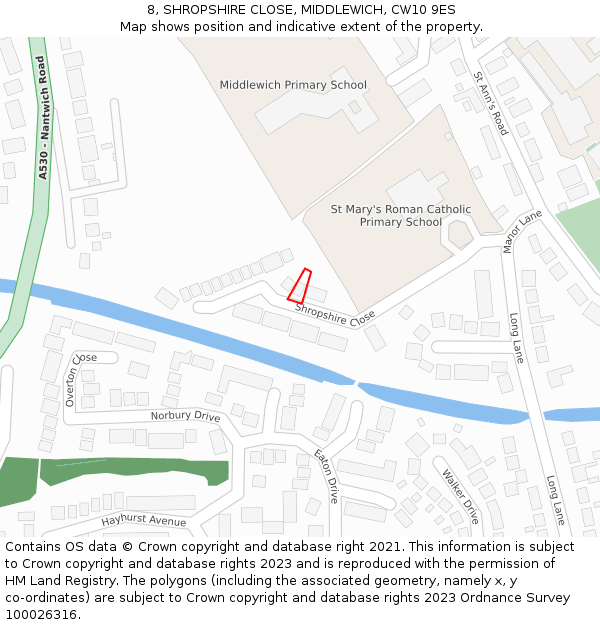 8, SHROPSHIRE CLOSE, MIDDLEWICH, CW10 9ES: Location map and indicative extent of plot