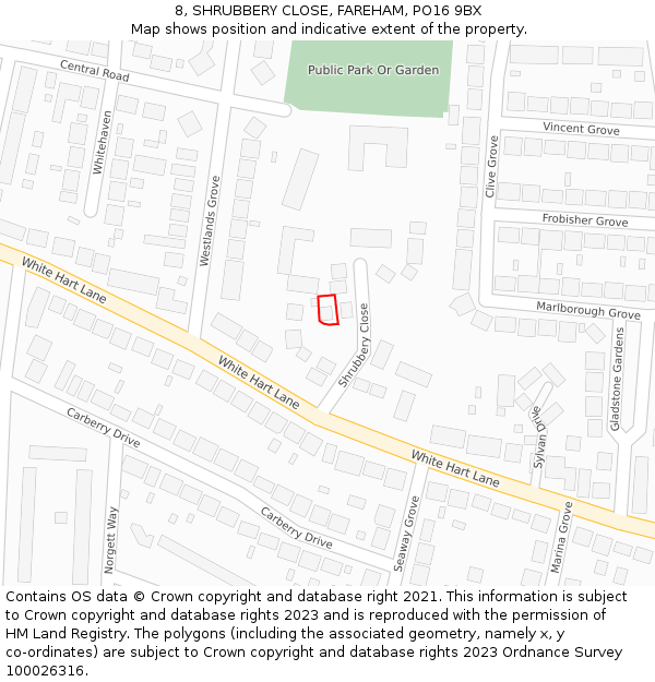 8, SHRUBBERY CLOSE, FAREHAM, PO16 9BX: Location map and indicative extent of plot