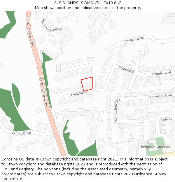 8, SIDLANDS, SIDMOUTH, EX10 8UE: Location map and indicative extent of plot