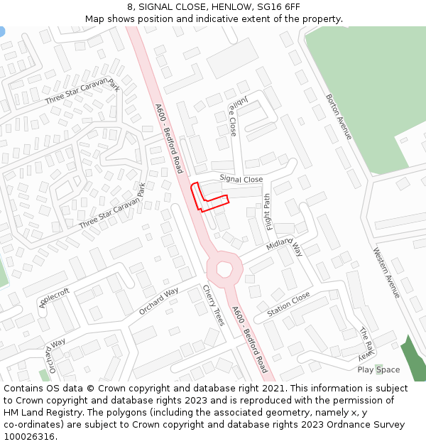 8, SIGNAL CLOSE, HENLOW, SG16 6FF: Location map and indicative extent of plot