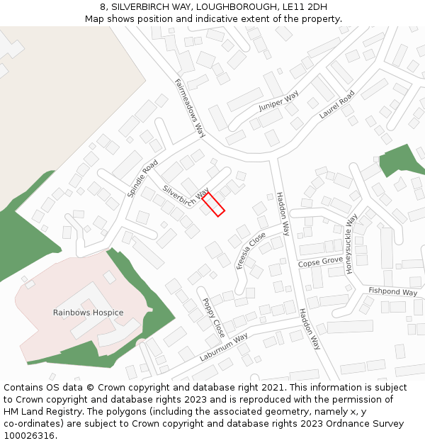 8, SILVERBIRCH WAY, LOUGHBOROUGH, LE11 2DH: Location map and indicative extent of plot
