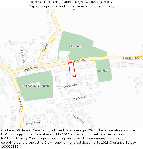 8, SINGLETS LANE, FLAMSTEAD, ST ALBANS, AL3 8EP: Location map and indicative extent of plot