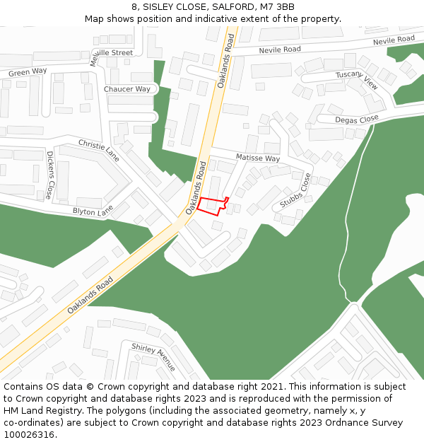 8, SISLEY CLOSE, SALFORD, M7 3BB: Location map and indicative extent of plot