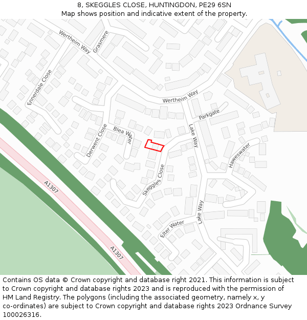 8, SKEGGLES CLOSE, HUNTINGDON, PE29 6SN: Location map and indicative extent of plot