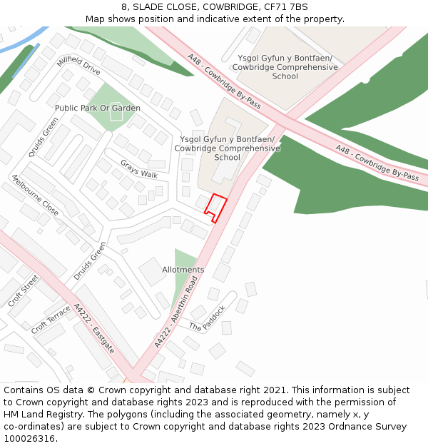 8, SLADE CLOSE, COWBRIDGE, CF71 7BS: Location map and indicative extent of plot