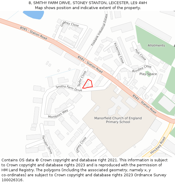 8, SMITHY FARM DRIVE, STONEY STANTON, LEICESTER, LE9 4WH: Location map and indicative extent of plot