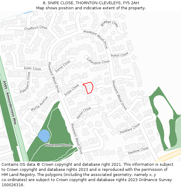 8, SNIPE CLOSE, THORNTON-CLEVELEYS, FY5 2AH: Location map and indicative extent of plot