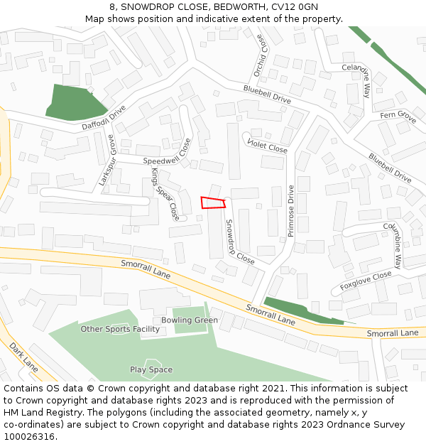 8, SNOWDROP CLOSE, BEDWORTH, CV12 0GN: Location map and indicative extent of plot