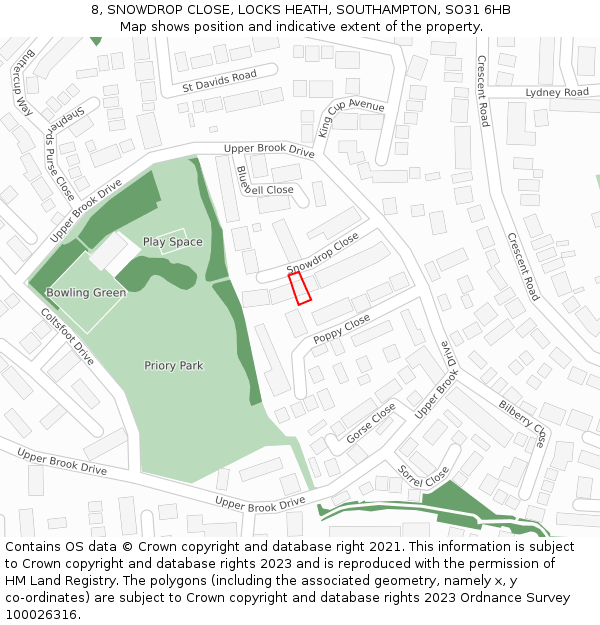 8, SNOWDROP CLOSE, LOCKS HEATH, SOUTHAMPTON, SO31 6HB: Location map and indicative extent of plot