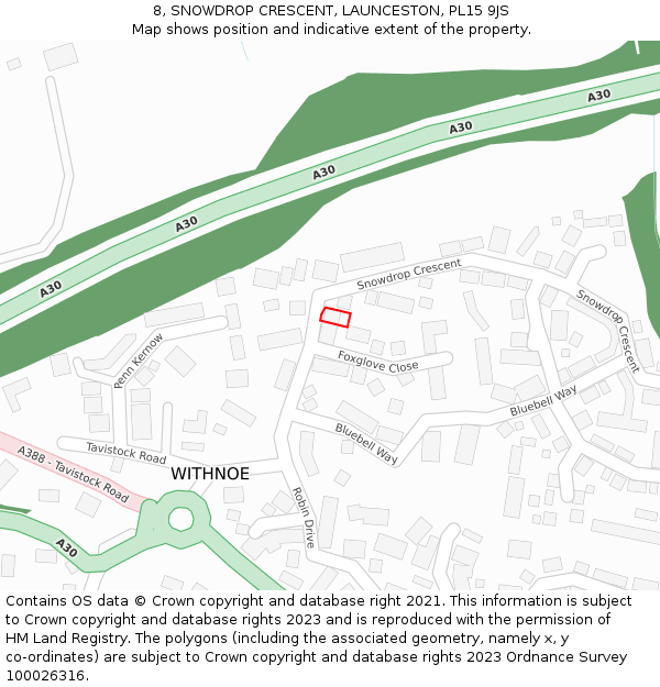 8, SNOWDROP CRESCENT, LAUNCESTON, PL15 9JS: Location map and indicative extent of plot