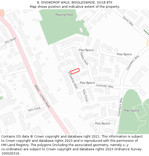 8, SNOWDROP WALK, BIGGLESWADE, SG18 8TX: Location map and indicative extent of plot