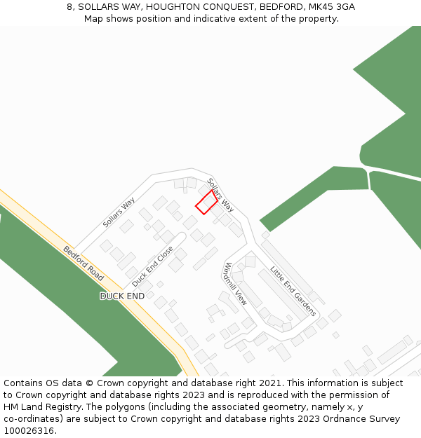 8, SOLLARS WAY, HOUGHTON CONQUEST, BEDFORD, MK45 3GA: Location map and indicative extent of plot