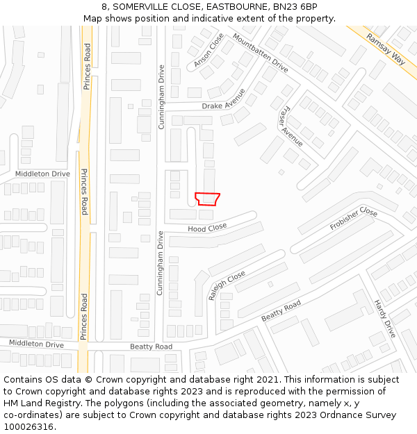 8, SOMERVILLE CLOSE, EASTBOURNE, BN23 6BP: Location map and indicative extent of plot